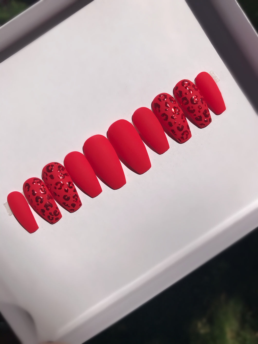Handmade- Haute Leopard glossy red Solid Tipping Animal Print Press On Nail  Set